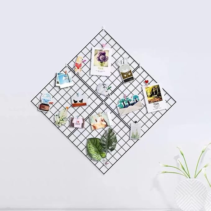 Feadily 4 Pack Metal Grid Wall Board Including 1 Hook Rack, Photos & Pictures Display Board,Photo Wall, Picture Board, DIY Home & Office Wall Decor 13.8 Inch × 13.8 Inch (Black)