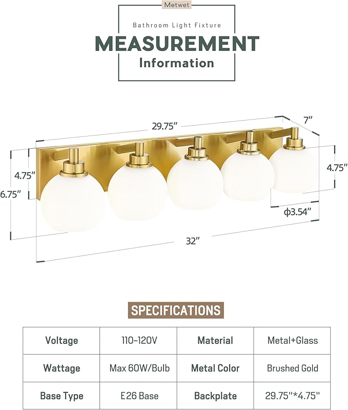 METWET Bathroom Light Fixtures, 5-Light Brushed Gold Bathroom Vanity Lights Over Mirror with Globe Milk White Glass Shade, 32 Inch Modern Vanity Lighting Fixtures, VL195-BG-ML-5