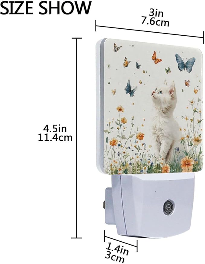 Pigsaly Led Night Light Butterfly Watercolor White Cat Night Light Plug in Wall Lamp Smart Dusk to Dawn Sensor Nightlight Led Lamp Energy Saving Lights Gift for Kids Room Bedroom Bathroom Hallway
