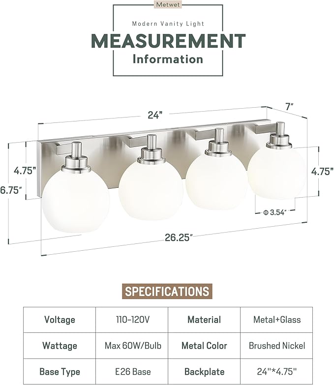 METWET Bathroom Light Fixtures, 4 Light Brushed Nickel Vanity Light, 26 Inch Modern Wall Sconces with Globe Milk White Glass Shade, Vanity Lighting Fixtures Over Mirror, VL195-BN-ML-4
