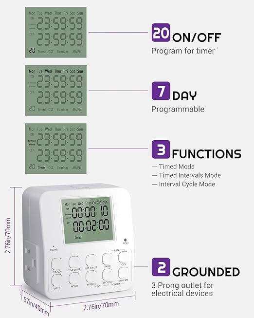 NEARPOW Digital Timer Outlet, Infinite Interval Repeat Cycle Timer Plug, Indoor Timed Interval Cycle Power Switch, 7 Day 24 Hour Daily Programmable Electrical Outlet with 20 ON/Off Programs 15A/1875W