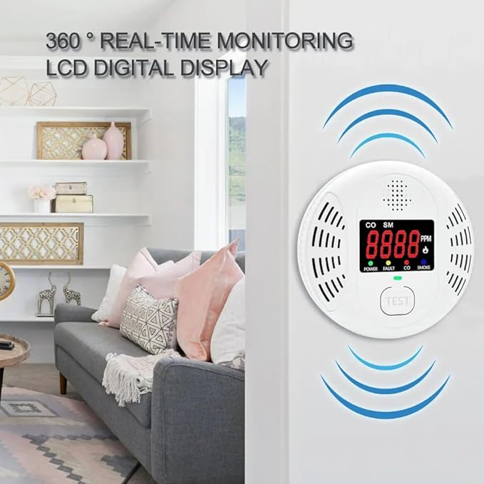 Carbon Monoxide Detector and Smoke Alarm Combined with AA Battery Powered high-Definition Color Screen Detector LCD Digital Display for Home Office Kitchen Hotel Bedroom Voice Alarm 2PACK