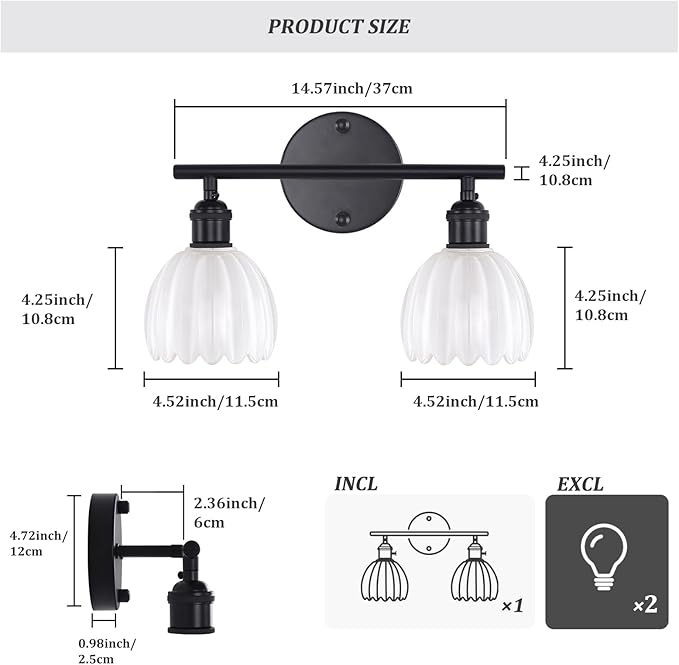 Shenmoyl Bathroom Light Fixtures, 2-Light Black Vanity Wall Light Over Mirror with White Tulip Glass Shade for Bedroom Living Room (Bulb Not Included)