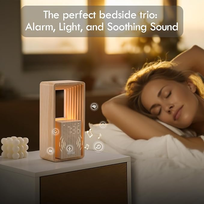 WILIT Digital Alarm Clock, Sunrise Alarm Clock with Nightlight, 9 Sleep Aid Sounds, White Noise Sounds Machine, Dimmable Display,USB Charging Port,Wood Grain Imitation,Gift for Women,Men,Travel