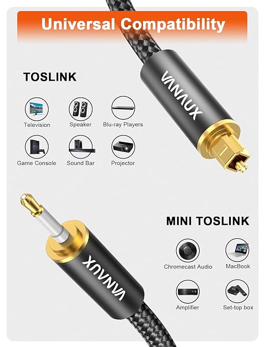 VANAUX Toslink to Mini Toslink Optical Audio Cable 24K Gold-Plated Digital S/PDIF Fiber Optic Cables for Home Theater, Sound Bar,TVs/Amplifiers/Hi-Fi Systems (Mini Toslink to Toslink, 5ft/1.5m)