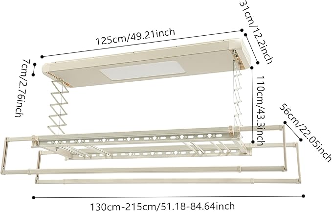 banborba Electric Retractable Airing Rack, Ceiling Mounted Clothes Drying Rack, Retractable Clothesline, Vertical Laundry Drying Rod with LED Light & Remote, 110V 24W, Off-White Color