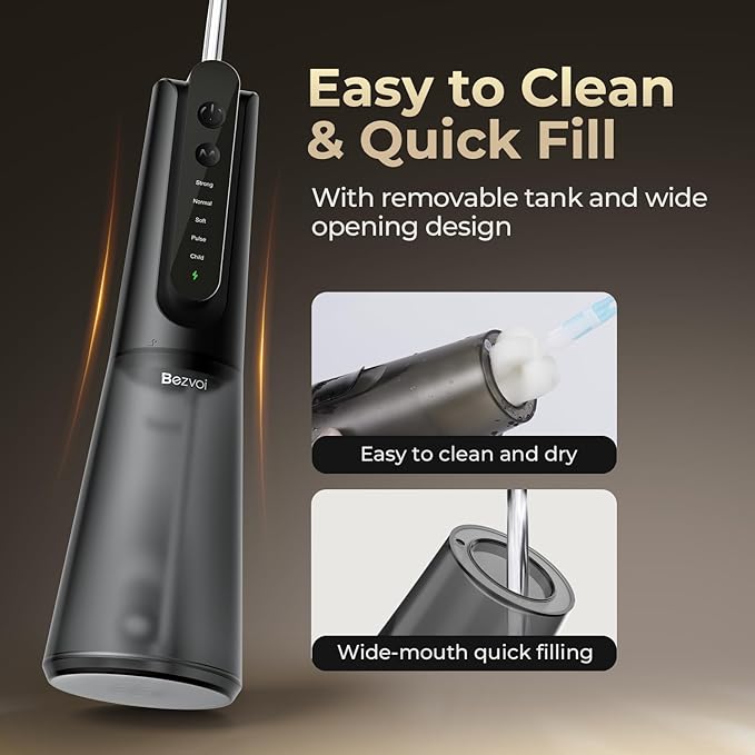 Bezvoi Portable Water Flosser for Teeth: Gum-Sensitive Friendly, Dual-Gear Motor Technology Irrigator Dental Pick with 5 Modes for Braces & Orthodontic, IPX7 Waterproof, Cordless for Travel, Black
