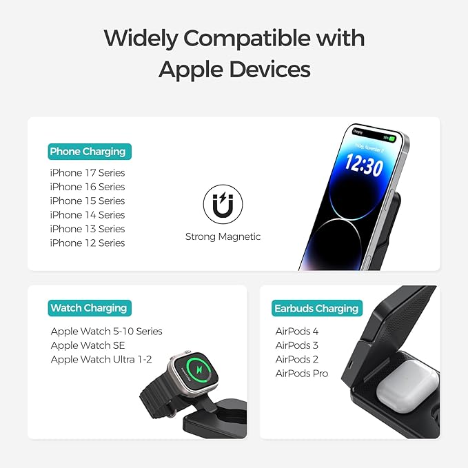 ANJANK 3 in 1 Portable Wireless Charging Station, 5000mAh Removable Mag-Safe Power Bank, Foldable Travel Magnetic Charger Stand for iPhone 17 16 15 14 13 12 Pro Max Plus, Apple Watch Series, AirPods