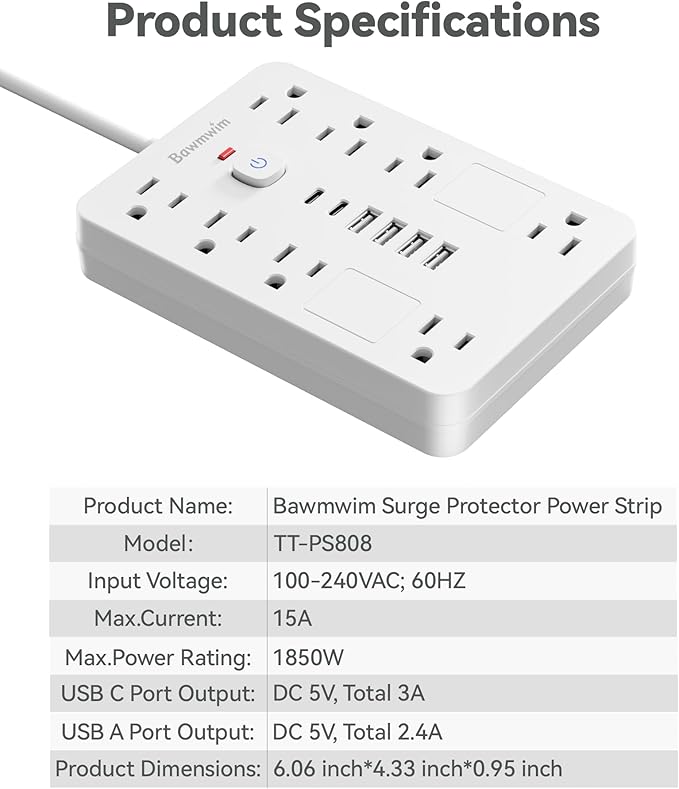 Bawmwim Surge Protector Power Strip - 8 Outlets(1850W/15A) with 6 USB Ports（2 USB C, 10FT Flat Plug Extension Cord, Wall Mount Multi Plug Outlet Extender, ETL Listed for Home, Dorm Room, White