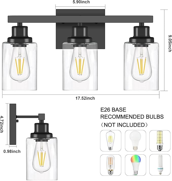 DIKAIDA 3-Light Bathroom Light Fixtures, Black Bathroom Vanity Light with Clear Glass Shade, Modern Bathroom Wall Lights Over Mirror, Farmhouse Wall Sconces Lighting for Bedroom LivingRoom
