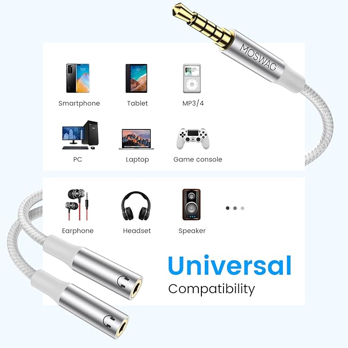 MOSWAG Headphone Splitter, 3.5mm Stereo Audio Splitter, Hi-Fi Sounds Extension Cable Audio Stereo Y Splitters, 3.5 mm Male to 2 Female (TRRS - 4 Pole) for Apple, Samsung, Tablets, Laptop, PC, Etc.