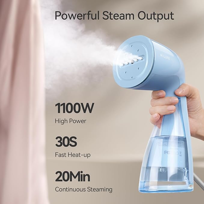 HiLIFE Upgraded Steamer for Clothes, Handheld Portable Design, 1100W Powerful Steam, 300ml Larger Tank & No Leak Tech, 30S Fast Heat-up, Quick Wrinkle Remover, Compact Size for Travel, ONLY 120V-Blue