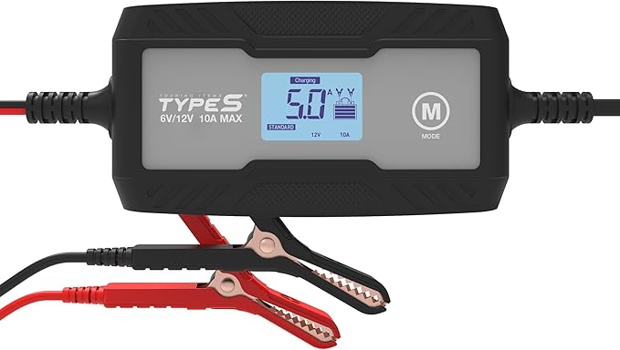 Type S 10A Smart Battery Charger & Maintainer, 6V & 12V Fully Automatic Trickle Charger, Jump Start Assist Battery Recovery Mode Auto-Voltage Detection Safe Charging for Cars Motorcycles ATVs Boats