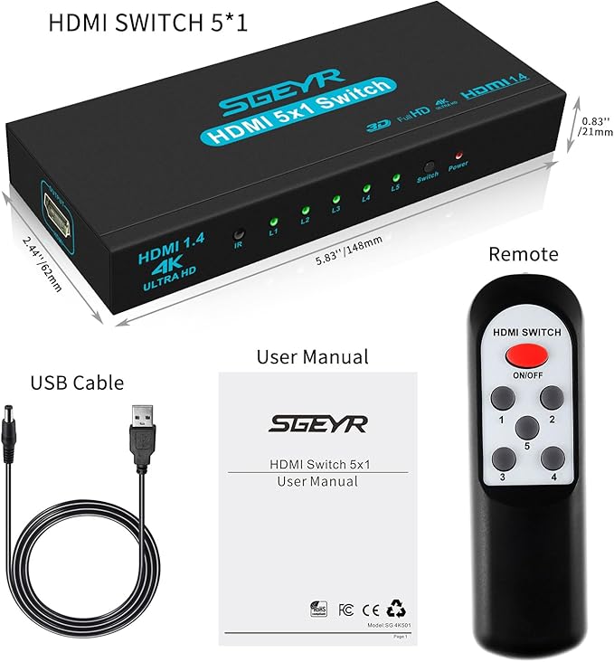 HDMI Switch SGEYR 5x1 HDMI Switcher 5 in 1 Out HDMI Selector 5 Port Box with IR Remote Control HDMI 1.4 HDCP 1.4 Support 4K@30Hz Ultra HD 3D 2160P 1080P