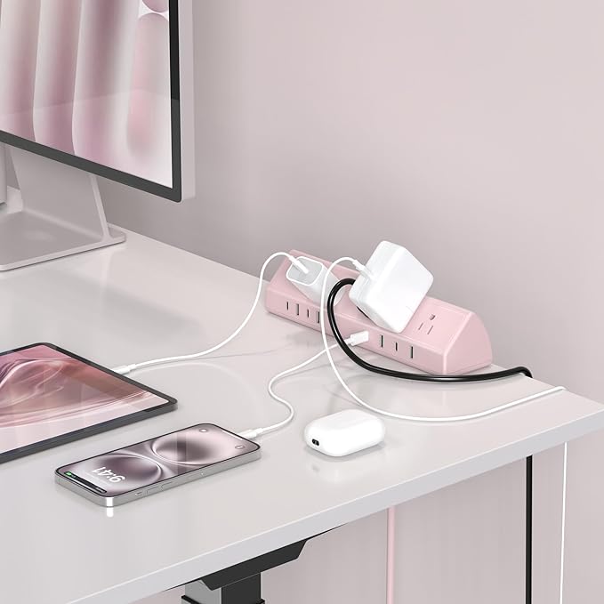 Jgstkcity Desk Clamp Power Strip,65W Fast Charging Station,4 USB-C,4 USB-A,1200J Surge Protector,ETL Listed,1875W Extension Cord,Multiple Outlets for Home, Office (Pink, 6 FT Cable)