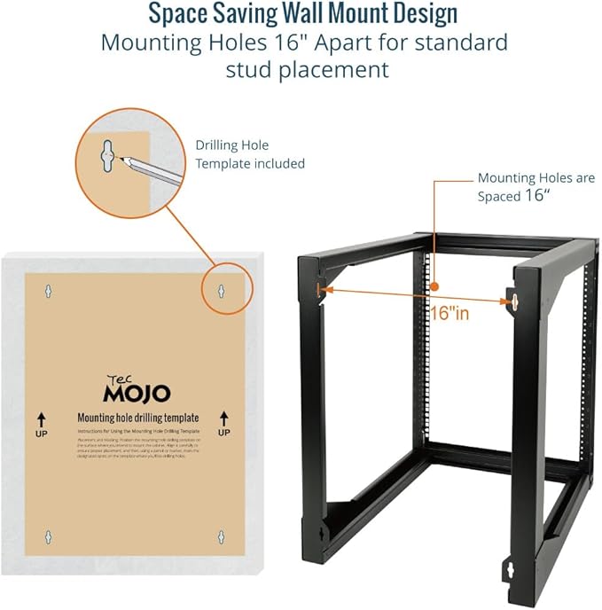 Tecmojo 12U Wall Mount Server Rack, Open Frame Network Rack for 19" Computer/AV/Data/IT/Media Equipment, 24" Depth, 16" Apart Mounting Holes, Swing Gate, Square and Tapped Holes