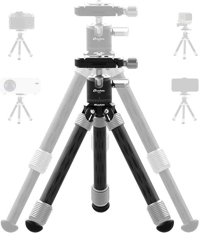 LEOFOTO Carbon Fiber Mini Table Tripod with Ball Head for Camera, Lightweight Desktop Tripod with Base, 1/4" Arca QR Plate for Phone Adaptor/Projector, Max Height 10.43", Max Load 11LB, MT-02C Plus