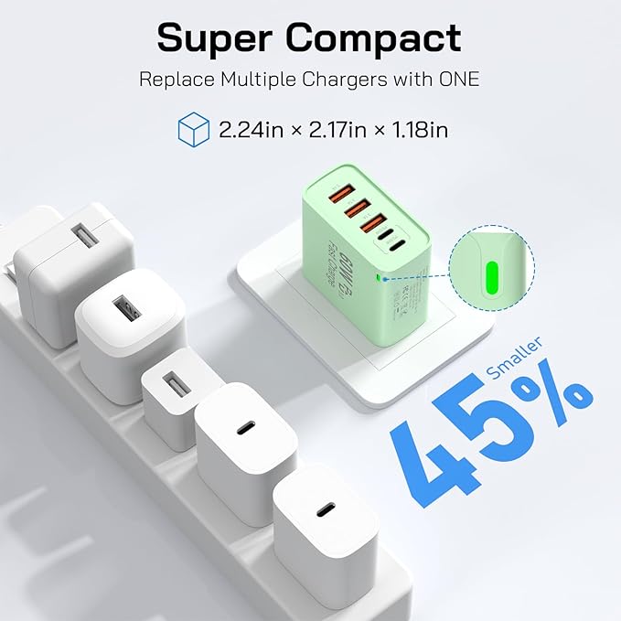 2Pack USB C Fast Charger Block, Total 60W 5-Port USB C Wall Charger 30W Type C Charging Block, 2USB C+3USB A PD 3.0 Multiport Charging Cube for iPhone 17 16 15 14 Pro Max, G-alaxy S25 S24 Ultra, i Pad