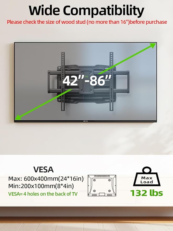 USX Mount Full Motion TV Wall Mount for 42-86 inch, TV Mount Swivel and Tilt,Wall Mount Bracket with Dual Articulating Arms Up to 132lbs, VESA 600x400mm, Max 16" Wood Studs, UL Listed XML019