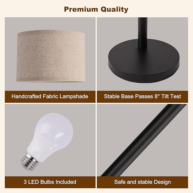 Fansdrick Floor Lamps for Living Room, 2400LM Super Bright Arc Floor Lamp with Remote Control, 3 Light Tall Floor Lamps with Stepless Dimmable, 80" Mid Century Tree Floor Lamp for Bedroom, Office