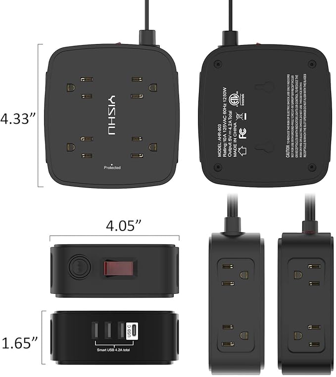 10 Ft Surge Protector Power Strip - YISHU 8 Widely Outlets with 4 USB Ports, 3 Side Outlet Extender with 10 Feet Flat Extension Cord, Ultra Flat Plug, Wall Mount, Desk USB Charging Station, ETL, Black