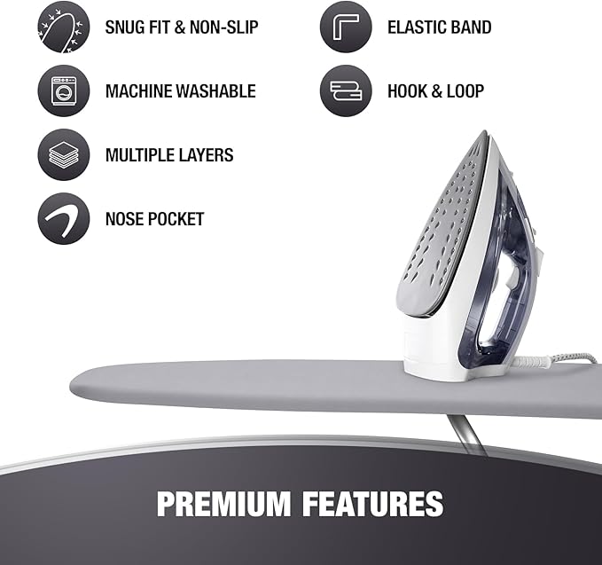 COTTY HOME Extra Thick Ironing Board Covers with Pad Standard Size 15x54, Heat Reflective Full Scorch Resistant Padding, Snug Fit Non-Slip Nose Pocket Fastener Straps Elastic Edges, Gray