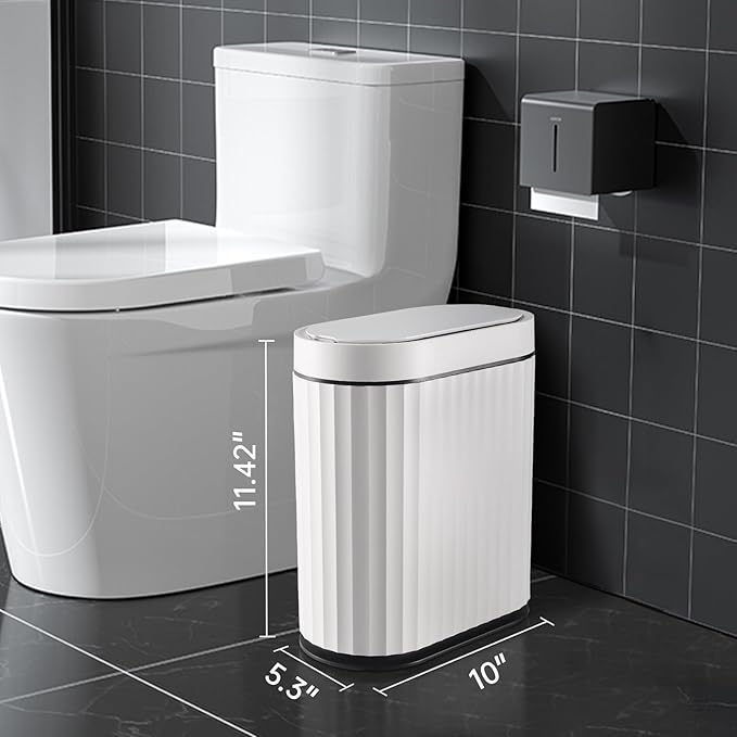 ELPHECO Bathroom Trash Can with Lid 2 Gallon Small Sensor Garbage Can, Slim Smart Trash Bin, Waterproof Automatic Wastebasket, Narrow Plastic Garbage Bin for Bathroom, Black and White