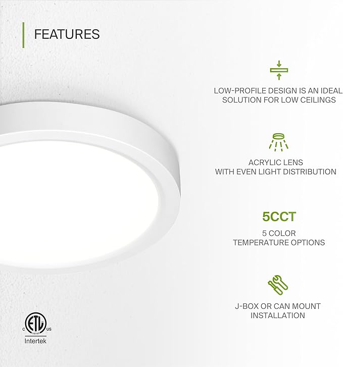 ASD LED 5" Round Flush Mount Ceiling Light Fixture, Low Profile Surface Lighting | 5CCT, Dimmable, Ultra-Thin, ETL Listed | 10W 700LM 2700-6000K 120V | Kitchen, Bedroom, Hallway Lamp | White, 6 Pack