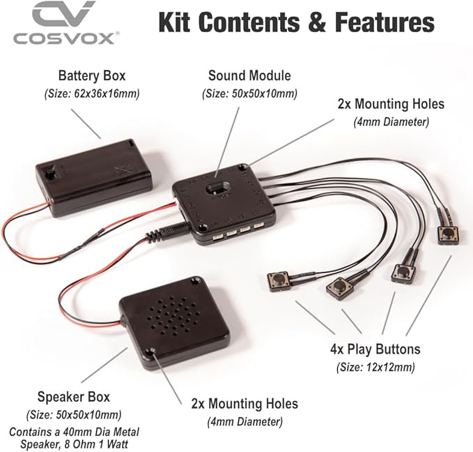 COSVOX Cosplay Sound Effects Module. DIY Audio MP3 Sound Chip with 4 Push Buttons, 8MB Memory. Add Sound Effects or Music to Your Cosplay Costume Accessories, Crafts, Props and Replicas.