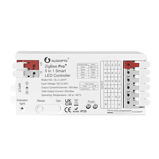 GLEDOPTO ZigBee3.0 Pro+ 5 in 1 LED Controller 20A Max RGBCCT/RGBW/RGB/CCT/Dimmer Compatible with Alexa Homey Home Assistant APP Control for RGBCCT RGB WWCW LED Strip Light (Hub Required)