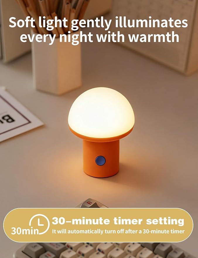 Sgohevn LED Night Light for Bedroom - Cute Mushroom Mini Desk Lamp with 3 Brightness Levels, USB Rechargeable & Portable Bedside Lamp for Kids and Nursery Christmas Gifts for Birthday