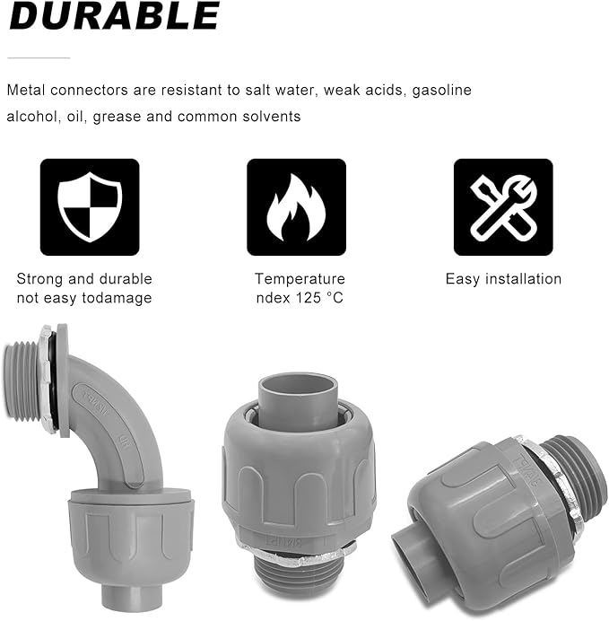 1/2 inch Liquid Tight Connector PVC Flexible Conduit Connector UL Listed Liquid Tight Connector Non-Metallic Electrical Conduit Fittings 30 Pack (15 pcs 180D/15 pcs 90D)