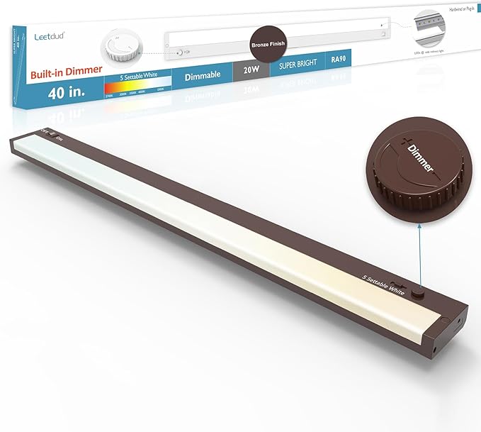 Leetdud Under Cabinet Lighting Plug in or Hardwired Built-in Dimmer, 40 Inch 20W, 5CCT 2700/3000/3500/4000/5000K, Linkable Counter Lights for Kitchen, ETL Dimmable LED Light Fixture, Bronze
