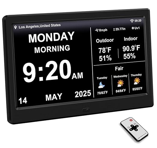 FEYBYLA 2025 New Digital Clock with Temperature/Humidity & Weather Forecast, Auto Time Sync Large Display, Custom Alarms & Medication Reminders, Ideal for Elderly(Black, 10.1-Inch)