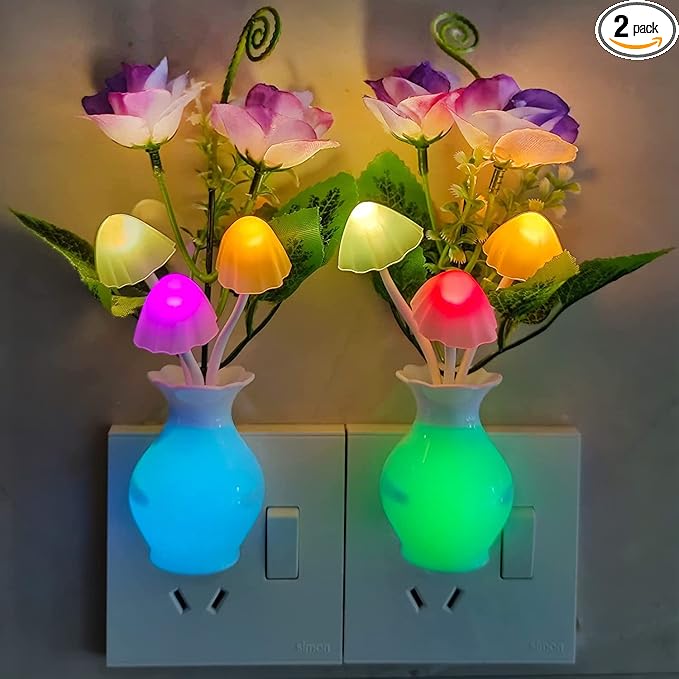 AUSAYE 2Pack Led Night Light Plug in Sensor Light, Energy Saving Lamp Dream Nightlight Rose Flower Mushroom Night Lights for Kids Adults Bedroom,Bathroom,Living Room,Stairs, Kitchen,Hallway