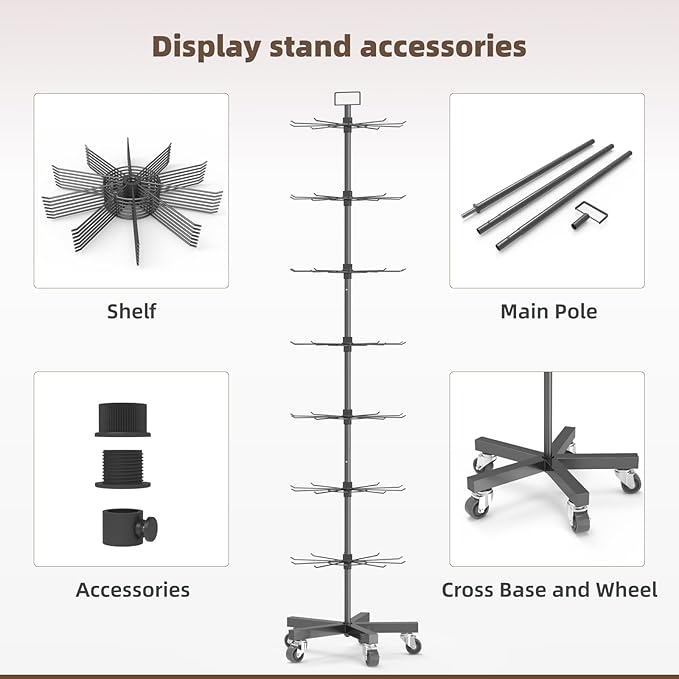 YEOOE Upgraded Retail Display Stand 7 Tier Spinning Display Stand, Movable Shop Spinner Rack with Hooks, Retail Display Racks for Jewelry Keyring Hats Socks Toys (Black)