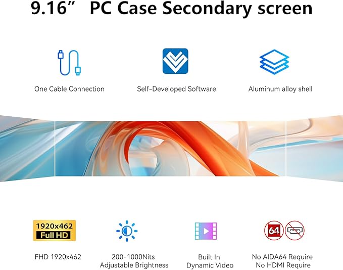 9.16" Computer Temp Monitor, FHD 1920x462 PC Sensor Panel One-Cable Connection(No HDMI Needed), Stretched Bar LCD Dynamic Theme Supported, IPS Mini Secondary Screen for CPU RAM HDD Data Aida64 (White)