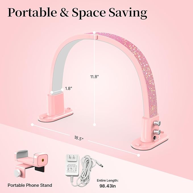 BLUVALL Half Moon Light for Nail Desk, Portable Nail Light for Desk with Phone Holder, Stepless Adjustment of Brightness and Color Temperature, Desk Lamp for Nail Tech, Eyelash, Tattoo, Makeup (Pink)