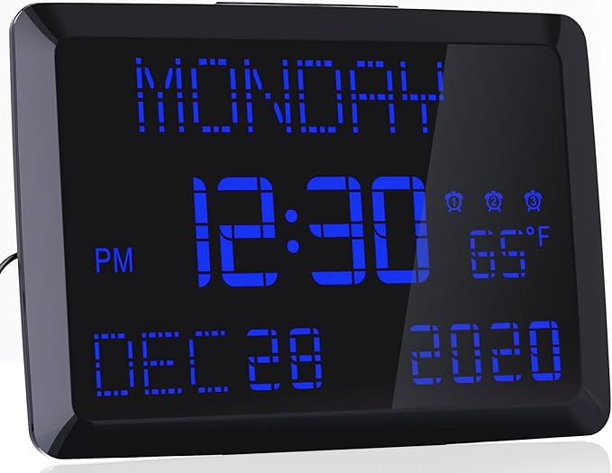 11.5" Large Display Digital Calendar Clock for Seniors, Digital Clock with Date and Day of Week for Elderly, 3 Alarms, 5 Dimmer, Temperature, Alarm Clock for Bedroom Living Room