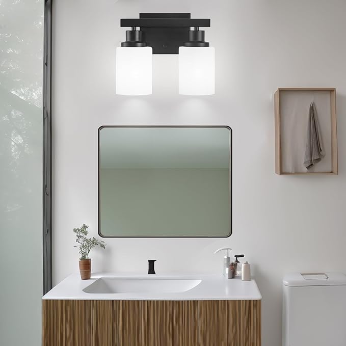 DIKAIDA Bathroom Light Fixtures Over Mirror, 2-Light Modern Matte Black Vanity Lights with White Frosted Glass Shade, Bathroom Wall Lamp Sconces for Mirror Bedroom, Living Room Hallway Small Space
