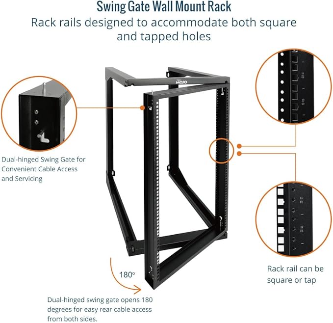 Tecmojo 18U Wall Mount Server Rack, Open Frame Network Rack for 19" Computer/AV/Data/IT/Media Equipment, 24" Depth, 16" Apart Mounting Holes, Swing Gate, Square and Tapped Holes