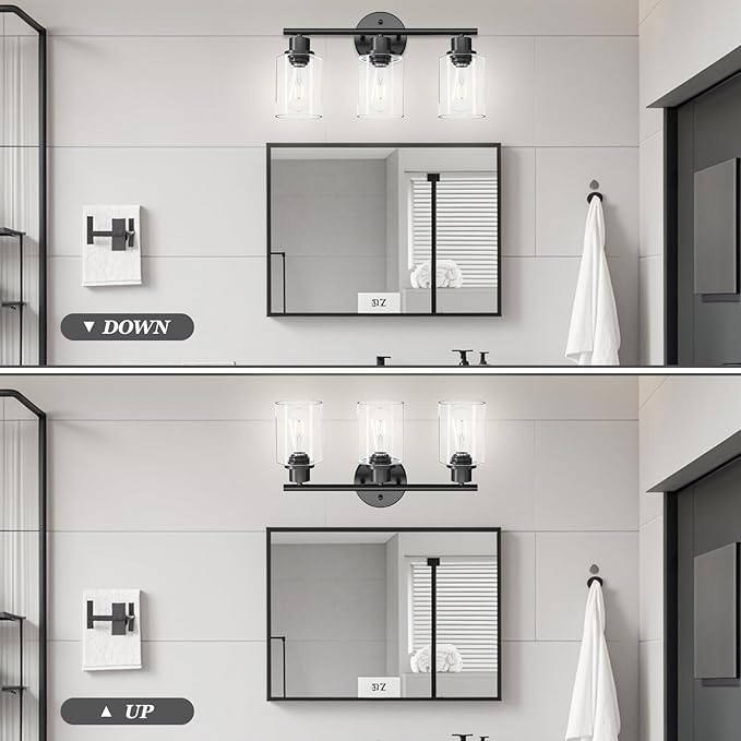 Guliaofo 3-Light Black Vanity Lights, E26 Modern Bathroom Light Fixtures with Clear Glass Shade, Wall Lamps for Mirror Kitchen Hallway Cabinet Living Room Sconces Lights