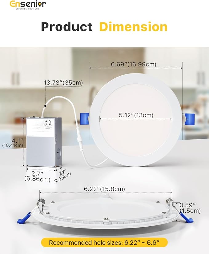 Ensenior 12 Pack 6 Inch LED Recessed Ceiling Light, Dimmable, 4000K Cool White, 1050LM 12W 120V, High Brightness Canless Wafer Downlight - ETL&FCC&IC