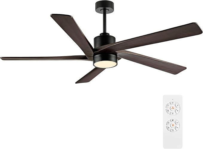 WINGBO 72 Inch DC Ceiling Fan with Lights and 3 Downrods, 5 Reversible Carved Wood Blades, 6-Speed Noiseless DC Motor, Large Ceiling Fan in Matte Black Finish with Walnut Blades, ETL Listed