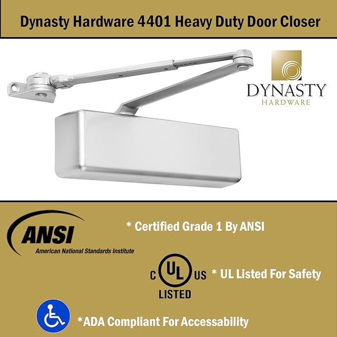 Dynasty Hardware Door Closer, Grade 1 Heavy Duty Commercial Hydraulic Closer & Hold Open Arm, Self-Closing, Adjustable Spring Size 1-6, ADA Compliant, Surface Mount, Sprayed Aluminum, Series 4401