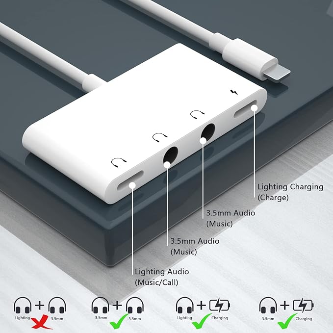 Unitrox 4 in 1 Headphone Splitter, iPhone Headphone Adapter + Dual 3.5mm Headphone Jack Adapter + Charging Port for iPhone 14 13 12 11 X 8 7