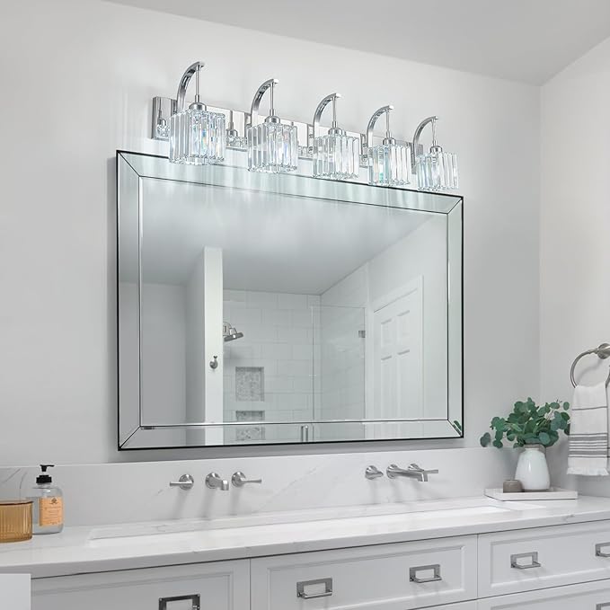 FDPBY Crystal Vanity Lights 5-Light Chrome Bathroom Vanity Lights Modern Crystal Bathroom Light Fixtures Over Mirror 42.51" Long Vanity Light for Bathroom
