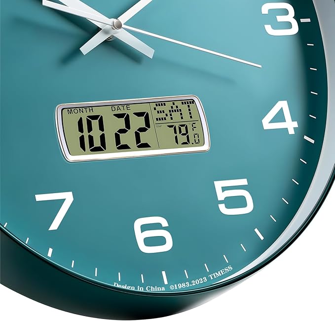 TIMESS Wall Clock, 13" Dial Non-Ticking Silent Battery Operated Analog with LCD Display for Perpetual Calendar and F° Temperature, Ideal Modern Home, Office Decor (Green)