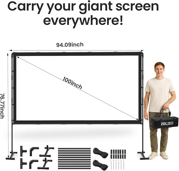 Projector Screen with Stand, 100 Inch, 16:9 Outdoor Portable Screen, Unique Retractable Design for Yard,Patio,Camping,Night Party,Office, School Indoor Use, Washable Fordable White Screen by IOLIEO