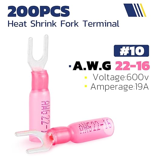 haisstronica 200PCS Heat Shrink Fork Spade Connectors #10 Waterproof Marine Grade Fork Terminal Connectors U-Type Red 22-16 Gauge